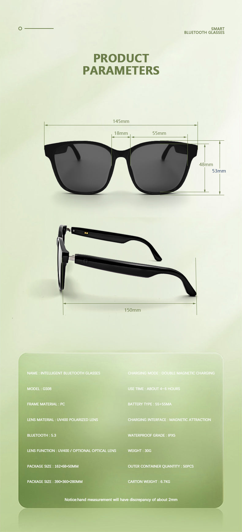Smart glasses Bluetooth audio Connectivity Real time AI translation support lens change GS-05